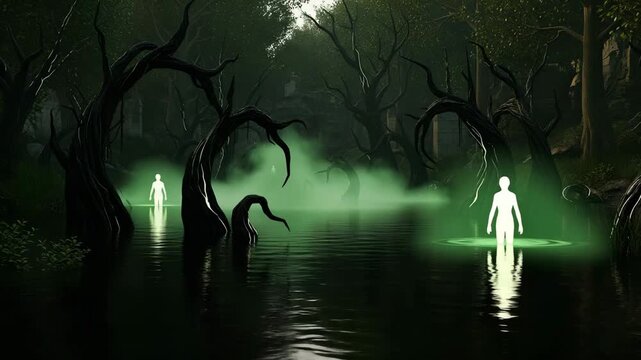 Mythical swamp forest with monsters. Glowing figures emerge from the water. Swamp landscape.