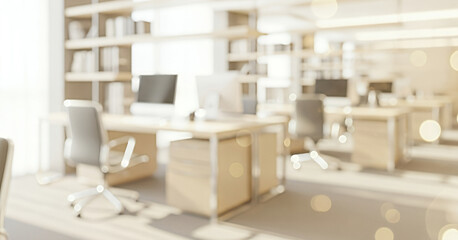 Blurred office interior with desks, chairs, computers, and bookshelves in neutral tones, creating a bright, airy, and organized professional workspace with modern clean design and functional layout.