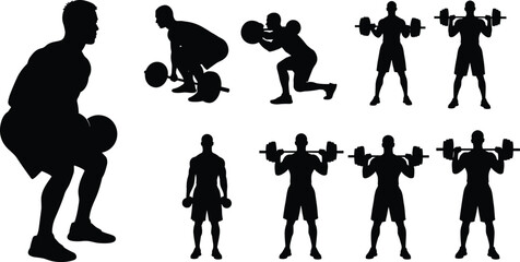 Silhouettes of weightlifting exercises, fitness poses, gym workout, squats, deadlifts, shoulder press, strength training, proper form, black figures, technique display
