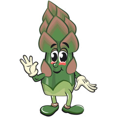cute asparagus cartoon mascot character vector illustration wave hands, work of hand drawn