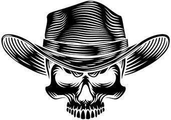A skull sheriff wearing a cowboy hat illustration in a vintage woodcut style