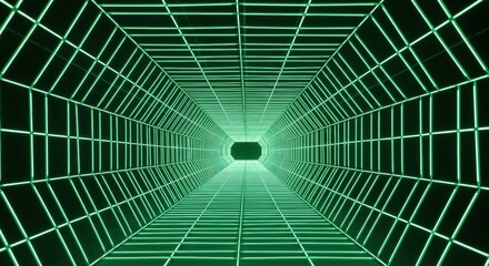 Green digital tunnel with grid lines receding into the distance.