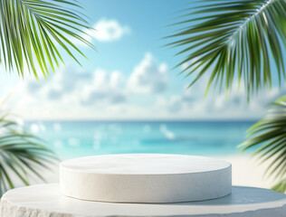 Obraz premium Summer sand beach and tropical sea background with podium for product display. Presentation of product. Advertising podium for summer drinks, cosmetic, spa, skincare, etc