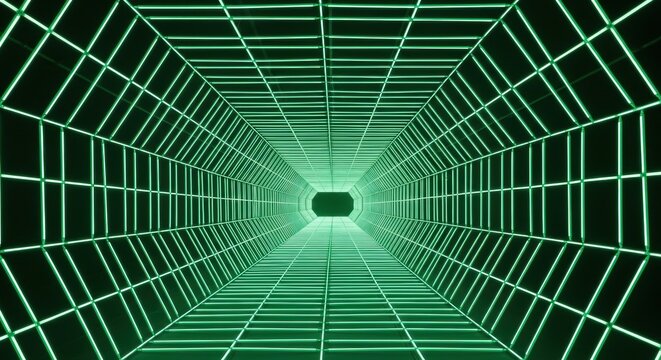 Green digital tunnel with grid lines receding into the distance.