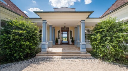 An elegant classical building with columns and arches in light blue and white hues,