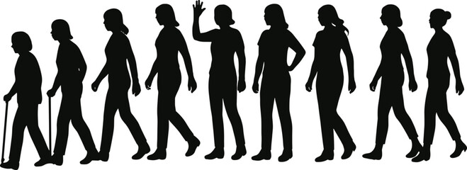 Walking silhouettes, human motion, mobility stages, life journey, posture evolution, cane user, pedestrian movement, body gesture, walking sequence, lifestyle concept