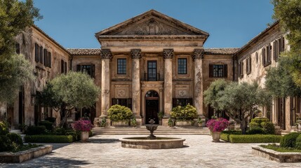 Obraz premium Elegant neoclassical building with prominent columns, intricate carvings, manicured gardens, vibrant pink flowers,