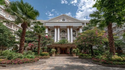 Fototapeta premium A grand neoclassical hotel with tall white columns and a triangular pediment, surrounded by lush greenery,