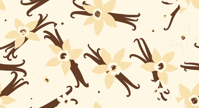 Elegant Vanilla Bean Flowers and Pods Pattern on Creamy Background.