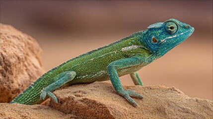 Obraz premium Striking chameleon perched on desert rock, exhibiting vibrant green and blue hues against a neutral backdrop. Wildlife portrait.