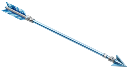 Detailed blue metallic arrow with silver accents and fletching, cut out transparent
