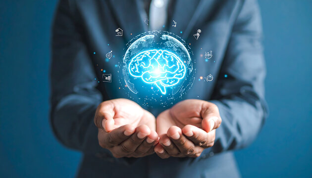 Global Network Intelligence: Businessman's Hands Gently Cradle a Futuristic, Glowing Brain Hologram, Symbolizing Innovation and Technological Advancement.