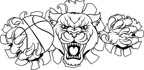 Obraz premium A panther, leopard or cougar wildcat jaguar cat basketball sports team mascot holding a ball