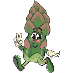 cute asparagus cartoon mascot character vector illustration walking with peace sign, work of hand drawn