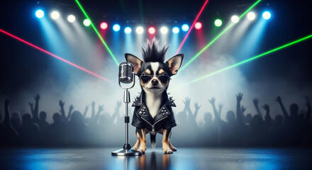 Punk Rock Chihuahua - Leather Jacket, Mohawk, Microphone, Stage Lights, Silhouetted Crowd.