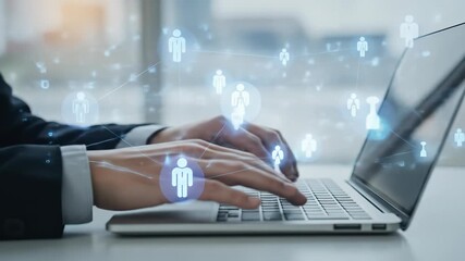 Connecting the World: Businessman Typing on Laptop with Digital Network of People Icons - Business, Communication, Technology Concept - Powered by Adobe
