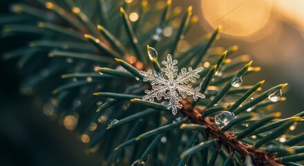 Fototapeta premium Snowflake on pine branch with blurred background