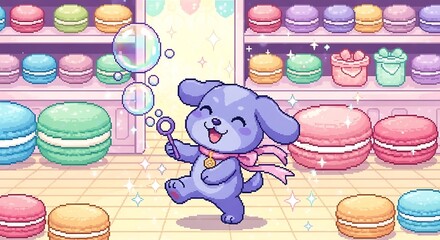 Pixelated puppy joyfully blows bubbles in a colorful macaron filled pixel art bakery shop