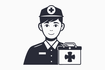 Monochrome Female Paramedic with Helmet on White Background Icon Design