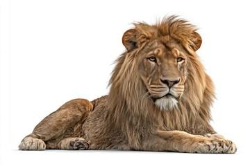Fototapeta premium Lion lying down, full body shot, against white background