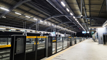 MRT Yellow Line train at Bangkok station platform, 18 Aug 2025. Bangkok. Thailand