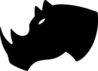Stylized black silhouette of a rhinoceros head, profile view, sharp horns.