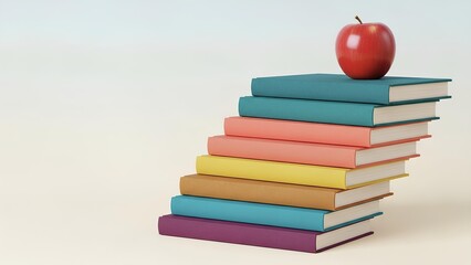 Colorful stack of educational books forming stairs with a red apple, symbolizing learning and knowledge