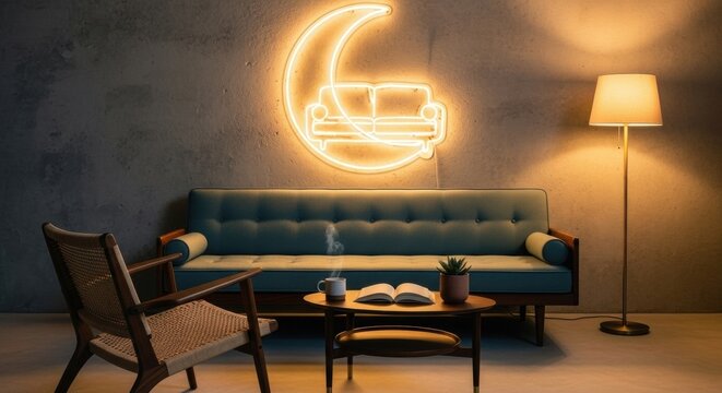 Cozy living room with a sofa, chair, table, lamp, and a neon moon light.