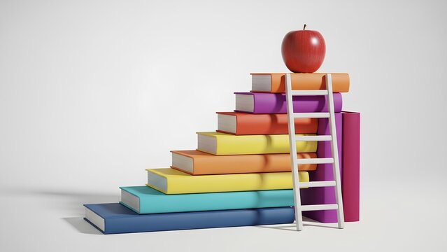 Colorful books stacked as steps with a ladder and apple symbolizing education progress and success - Powered by Adobe