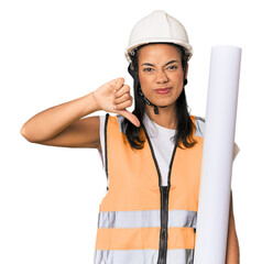 Young Filipino female architect showing a dislike gesture, thumbs down. Disagreement concept.