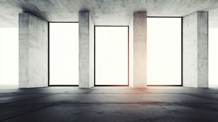 Obraz premium A minimalist interior with large floor-to-ceiling windows, unfinished concrete walls, and an airy atmosphere,