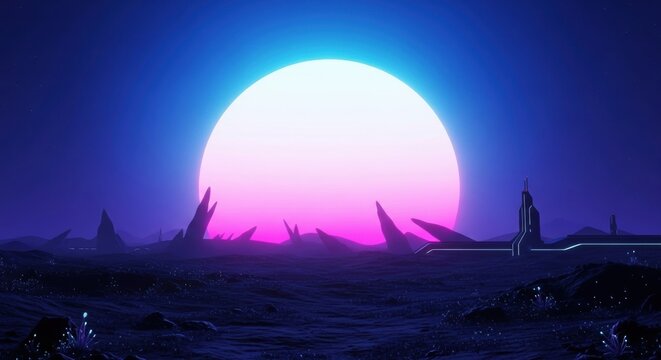 Synthwave landscape with a large moon or sun, futuristic city and rocky terrain.