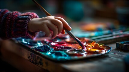 Child Mixing Paint on Wooden Palette with Brush, Rich Warm Bokeh and Studio Glow perfect for art supply advertising, workshop brochure design, creative education campaigns and craft blog headers