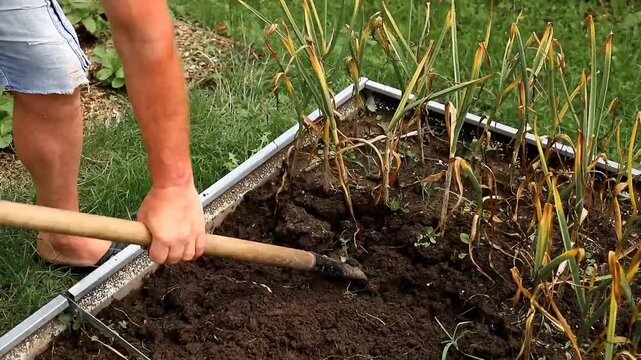 The man digs out the garlic and dusts it off the ground.