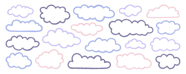 Chalk pencil clouds doodle set. Childish crayon sky, Pastel kids sketch. Grunge texture. Hand drawn vector illustration isolated on white background