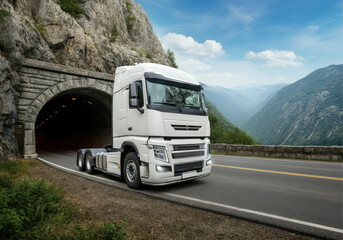 White semi-truck entering a scenic mountain tunnel on a sunny day