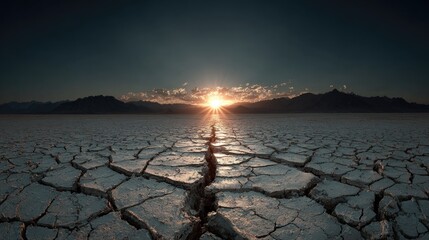 Sunset over a vast, cracked desert landscape