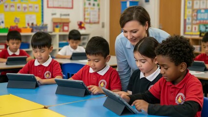 Children using tablets in classroom with teacher guiding digital learning activity for technology education in primary school setting - Powered by Adobe