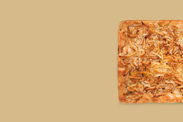 Pizza by the slice in a rectangular pan, pre-portioned. Traditional food, restaurants, street food, and Mediterranean cuisine. Ideal for publishing, advertising, and food design.