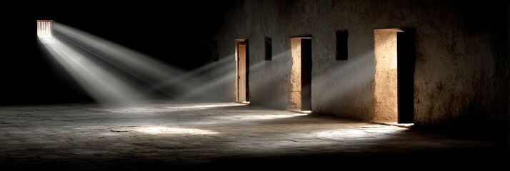Sunbeams illuminate a dark room with three open doors