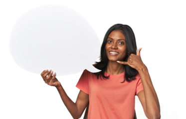 Indian woman with dialogue bubble showing a mobile phone call gesture with fingers.