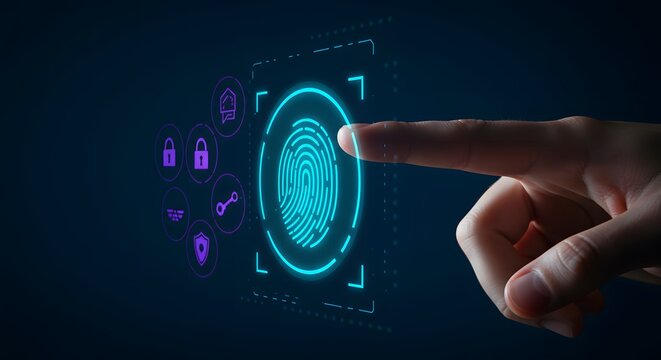 A finger presses a digital fingerprint, activating security features on a dark blue background.