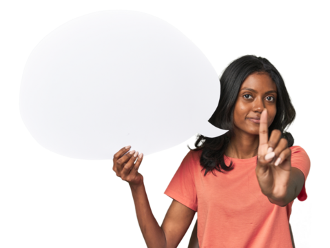 Indian woman with dialogue bubble showing number one with finger.