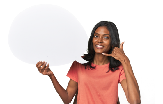 Indian woman with dialogue bubble showing a mobile phone call gesture with fingers.
