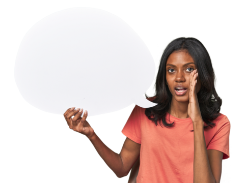 Indian woman with dialogue bubble shouting and holding palm near opened mouth.