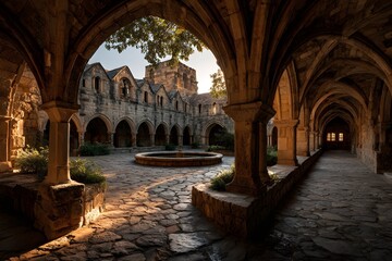 Fototapeta premium Abbey courtyard with stone arches and bright cloister perfect for banners and ads.