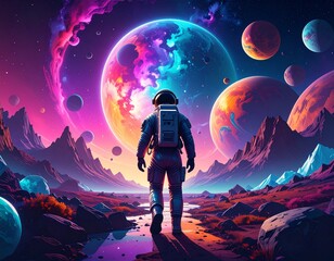 Fototapeta premium Astronaut on Colorful Alien Planet – Surreal Galaxy Painting