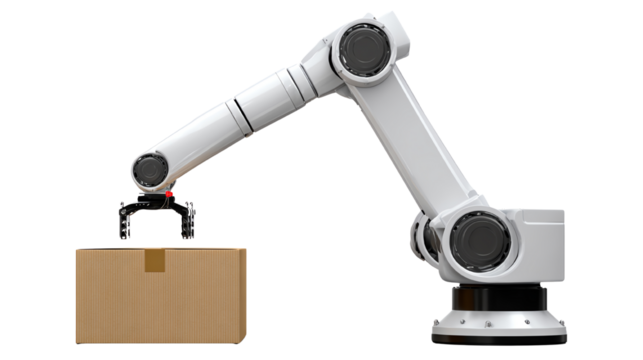 Mechanical robotic arm lifting a cardboard box, white isolate background.