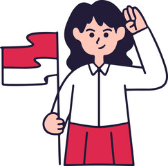 A young woman in a white shirt and red skirt holds the Indonesian flag and salutes.