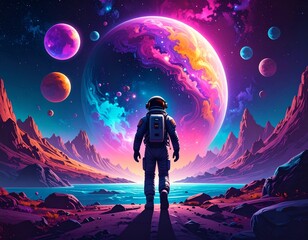 Fototapeta premium Surreal Space Art – Astronaut in Neon Galaxy Scene